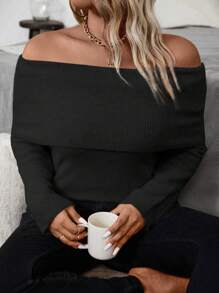 Flirla Women Plus Size Solid Color Sexy Off Shoulder Long Sleeve Pullover Sweater Knit Pullover Fall Winter - Black - View 1
