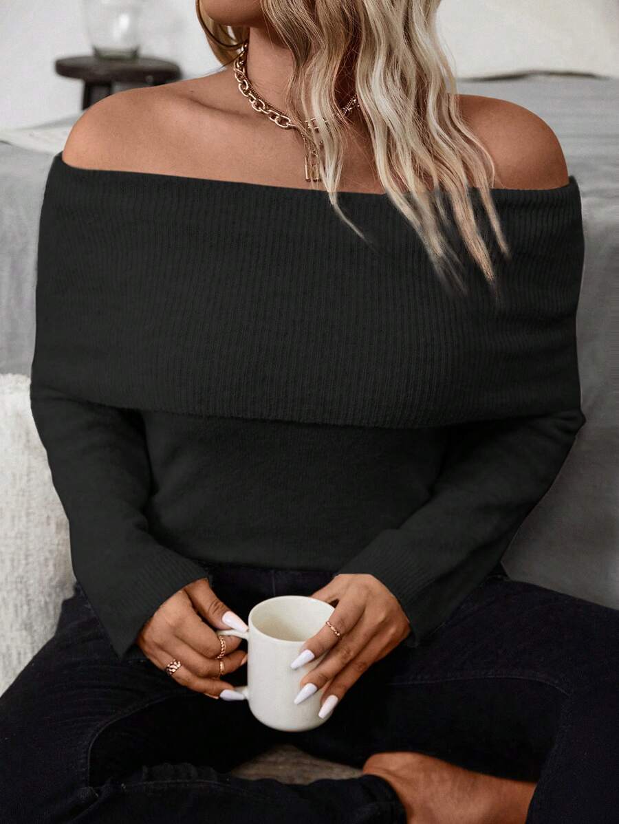 Flirla Women Plus Size Solid Color Sexy Off Shoulder Long Sleeve Pullover Sweater Knit Pullover Fall Winter - Black - View 1