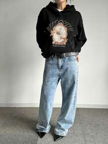 DAZY Women's Patterned Oversized Print Loose Fleece Hoodie Sweatshirt,Winter - Black - View 5