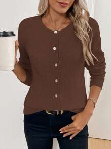 Chiquease 简约圆领单排扣休闲长袖开衫 - 巧克力棕 - 查看 5