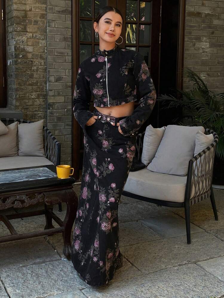Full Flower Print Matching Short Zip Up Stand Collar Long Sleeve Jacket Straight A-Line Skirt Women Denim Set,Fall Clothes