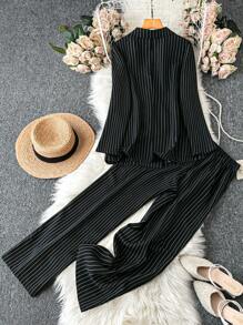 SHEIN LUNE Plus Size Striped Double-Breasted Jacket And Pants Suit Set Graduation,Back To School,Teacher Outfits For Women - Black and White - View 2