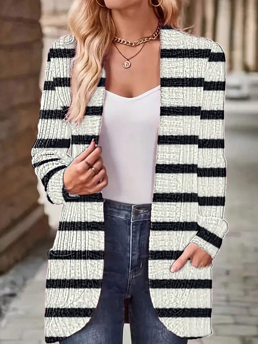 SHEIN LUNE Women's Casual Ribbed Fuzzy Contrast Ribbed Open Front Jacket With Side Pockets Shorts - Black and White - View 1