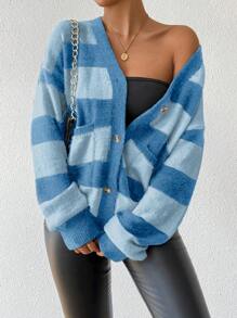 Chiquease Áo len cardigan dệt kim kẻ sọc giả lông chồn cashmere mới cho nữ, mùa thu/đông - Màu xanh lam - Xem 1