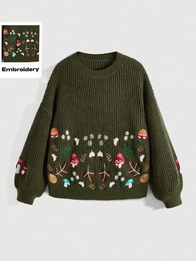 Fairycore Suéter casual de manga larga con cuello redondo y bordados minimalistas, talla grande, para invierno