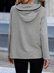 SHEIN LUNE Women's Solid Color Raglan Sleeve Long Sleeve Zipper Design Hooded Casual Sweatshirt, Autumn - Grey - View 2