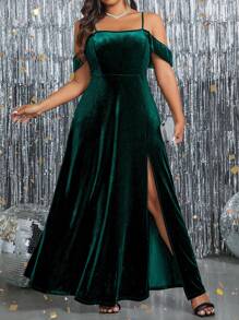 SHEIN Clasi 加大码优雅纯色露肩高开叉吊带连衣裙，适合圣诞派对长款女装