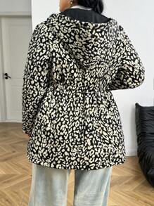 SHEIN EZwear 大码女式休闲豹纹收腰连帽加厚外套，可双面穿 - 彩色 - 查看 3
