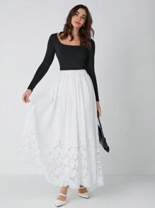 Enchnt 女士纯色弹性腰部激光切割下摆优雅长裙 - 白色 - 查看 2