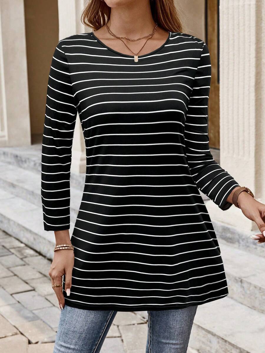 EMERY ROSE Women Autumn Casual Striped Long Sleeve T-Shirt - Black - View 1