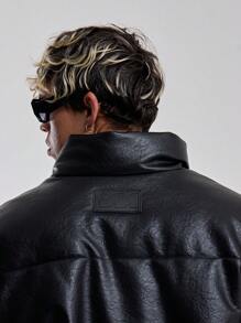 Musero Men High Neck Faux Leather Padded Coat Winter - Black - View 4