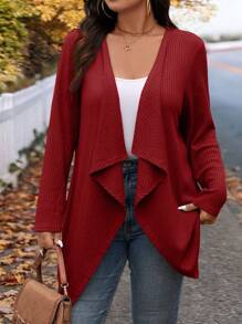 SHEIN LUNE Plus Size Winter Fashion Asymmetric Collar Design Long Knit Cardigan For Going Out And Work Fall Autumn - Red - View 6