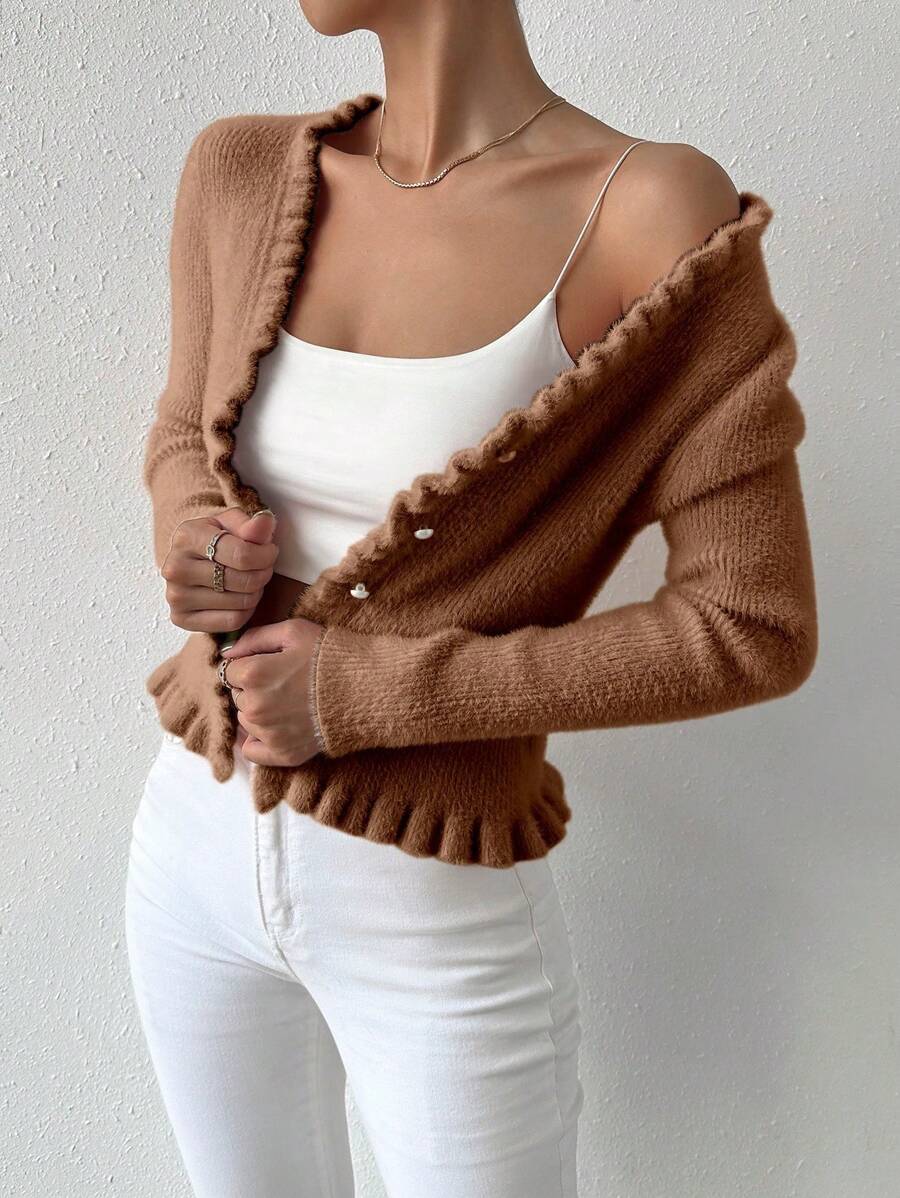 Chiquease 1pc Women Cardigan Sweater, Solid Color, Faux Pearl Button, Slim Fit, Suitable For Spring And Autumn