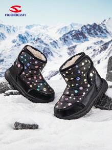 HOBIBEAR 1 双儿童黑色雪地靴，带钩环设计的波尔卡圆点闪光图案，男孩/女孩防水防滑保暖靴，适合冬季 - 黑色 - 查看 3