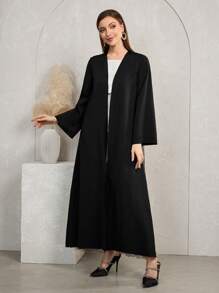 Al Najma Mesh Embroidered Lace Panel Waist Cinched Lightweight Luxurious Arab Style Abaya Kimono - Black - View 2
