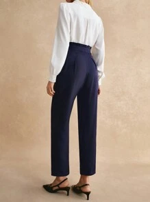 Poéselle Paperbag Waist Fold Pleated Pants - Navy Blue - View 5