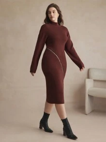 BizChic Plus Size Stand Collar Zipper Design Slim Fitted Sweater Dress, Casual Winter Women Outfits Winter Women Dress  Sweater Dress