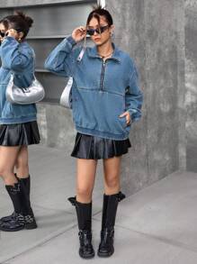 SHEIN Teenage Girls Blue Denim Long Sleeve Top