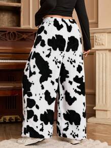 SHEIN EZwear Plus Size Krowa Nadruk Polar Ciepłe Spodnie Codzienne Do Domu, Jesień/Zima - Czarne i Białe - Zobacz 2