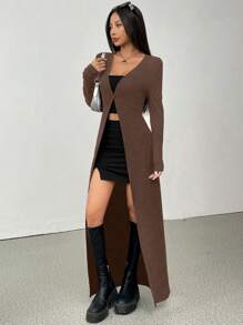 SHEIN EZwear Women's Casual Solid Color Fitted Long Cardigan With Buttons, Autumn - Brown - View 6