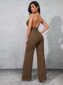 Denimoi Mono de pierna ancha con cuello de halter para mujeres en temporada de otoño - Caqui - Ver 5