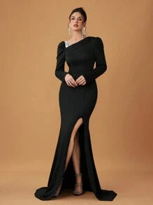 Coutiva 女士正式晚礼服连衣裙时尚秋冬宴会聚会跨年晚会公主名媛优雅网红流行连衣裙日常穿着弹力亮片面料连衣裙正式晚宴舞会连衣裙跨年晚宴婚礼宾客连衣裙 - 黑色 - 查看 6