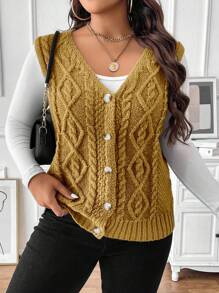 Calvaya Plus Size Women's Sleeveless Sweater Vest With Button Closure, For Winter - Mustard Yellow - View 5