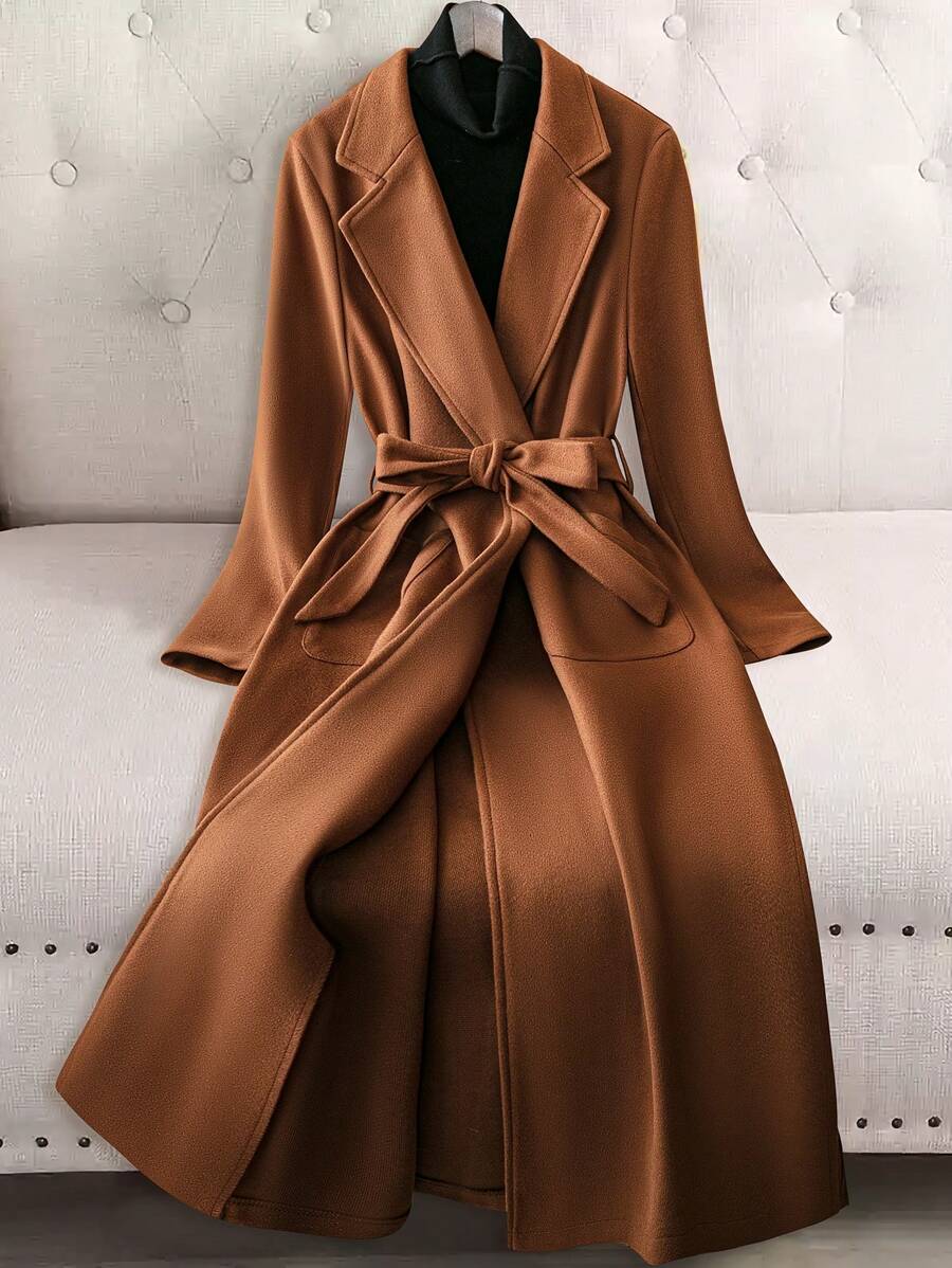 SHEIN LUNE Women Camel Stand Collar Long Tie-Waist Knitted Coat | SHEIN USA