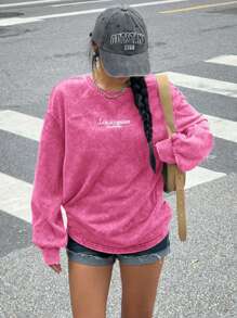 Muchica 1pc Women Retro Acid-Washed Embroidered Long Sleeve Round Neck Knitted Sweatshirt - Hot Pink - View 3
