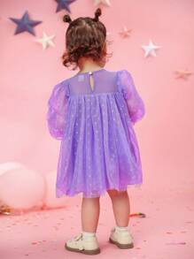 女婴 3D 刺绣蝴蝶结前褶边长袖波尔卡圆点提花网眼紫蝴蝶公主生日派对连衣裙，春/夏/秋季