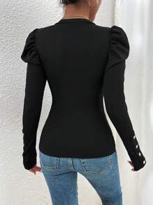 EMERY ROSE Solid Color Button Decor V-Neck Casual Versatile Long Sleeve T-Shirt Fall Cloth For Women - Black - View 3