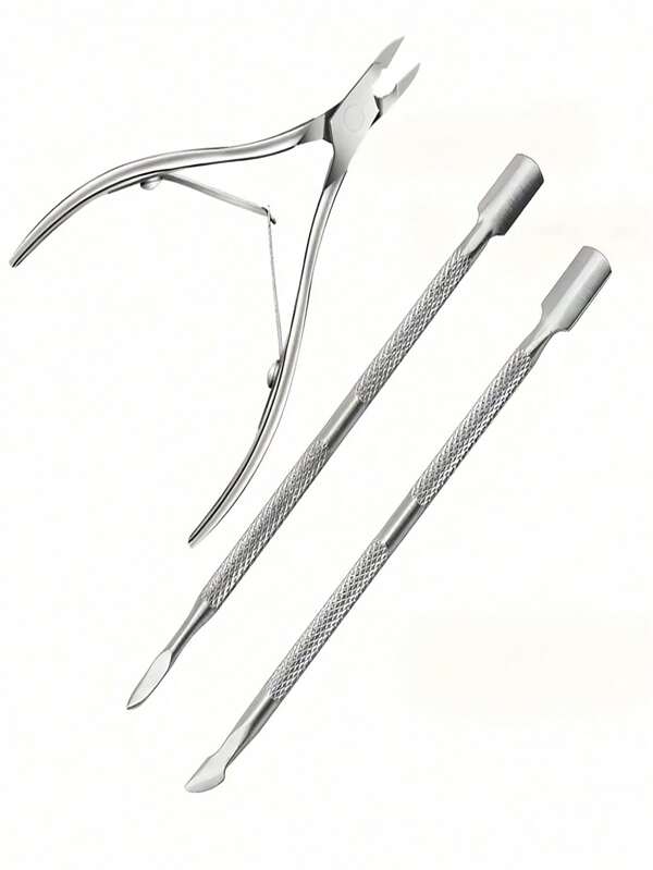3 Set Stainless Steel Cuticle Pusher Remover Nipper Trimmer Professional Nail Tool Kit Salon Home Use Manicure Pedicure Essentials At Home Nail Care Tools