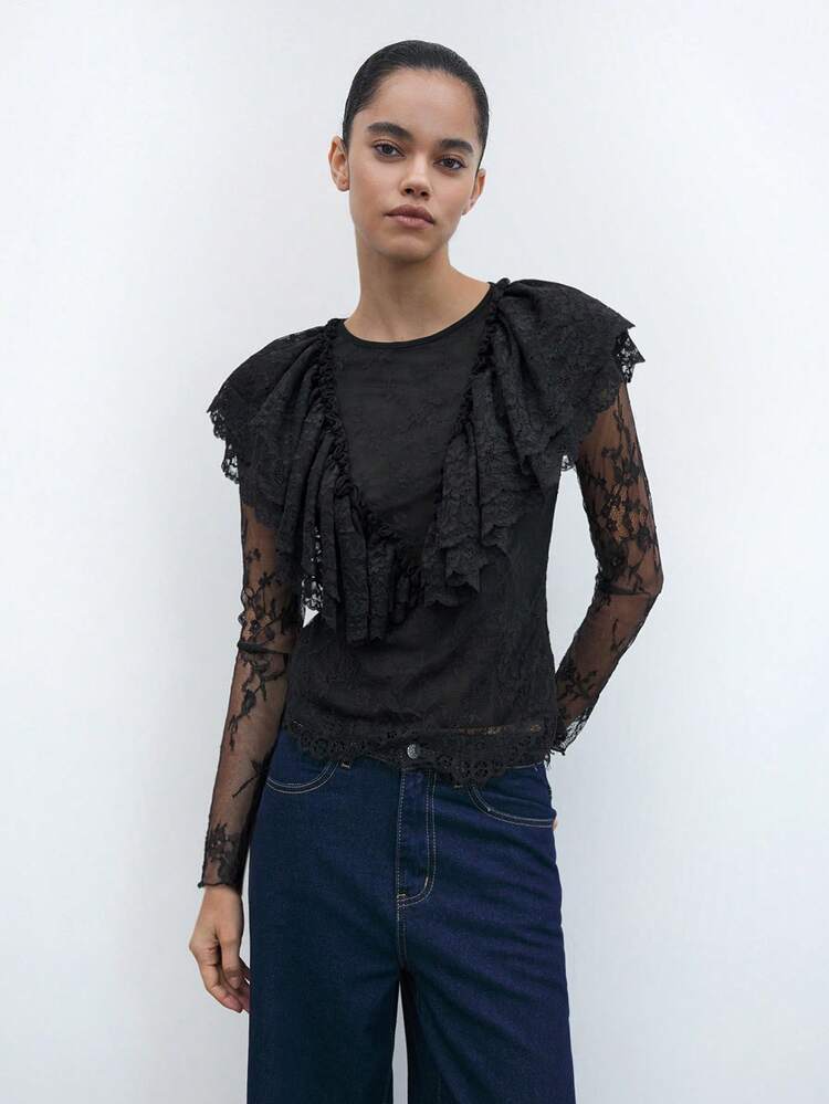 SHEIN Maija Nova Top Elegante e Luxuosa com Renda Salmão para Mulheres, Estilo Chic Urbano, para Uso Diário, Romântica e Adequada para Festas de Feriado, para o Outono/Inverno