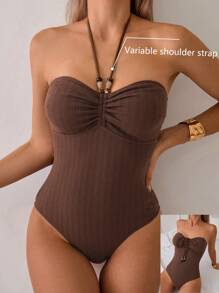 1pc Solid Color Beach Strapless-Tie Convertible Monokini Swimsuit, Summer - Coffee Brown - View 1