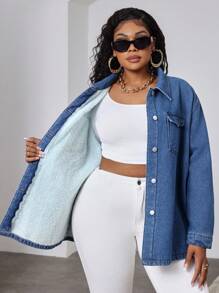 SHEIN Essnce Chaqueta vaquera de talla grande, estilo informal de manga larga con forro polar azul ahuecado, disfraz de Navidad para mujer, ropa de Acción de Gracias, atuendo de regreso a casa, ropa de invierno, disfraz de vaquera, chaqueta de forro polar y vaquera de invierno para mujer, chaquetas de mujer para otoño, chaqueta de forro polar