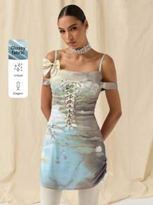 COSMINA Vestido mini ajustado para mujer con estampado de flor de loto, ojetes, cordones de ata y lazo decorativo hombros descubiertos