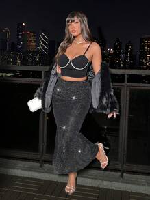 Allurite Váy Maxi đuôi cá chấm bi đen lấp lánh cỡ lớn cho nữ dự tiệc trang trọng - màu đen - Xem 1