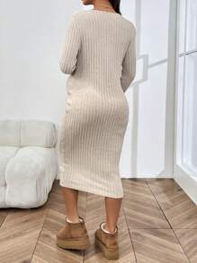 SHEIN Maternity Casual Nursing Daily Dress With Round Neck, Long Sleeve And Waist Twist Knot, Autumn