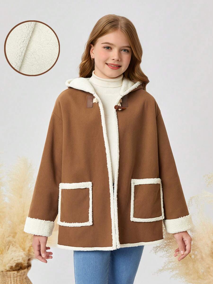 SHEIN Tween Girls' Fluffy Hooded Casual Jacket With Large Pockets, Ribbed Cuffs, Brown, Winter - Mocha Brown - View 1