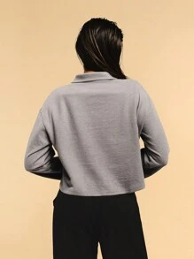 Athîral Women's Casual Solid Color Drop Shoulder Cropped Sweatshirt, Autumn - Light Grey - View 3