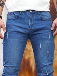 Manfinity Homme 大码男士破口袋休闲牛仔裤，修身纯色深色牛仔裤长款海军蓝洗水工装牛仔裤，适合送给老公、男朋友的礼物 - 中等水洗藍 - 查看 3