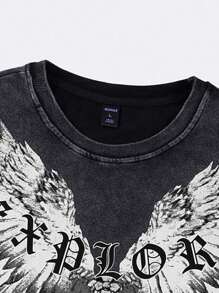 ROMWE MEN Men Gothic Style Washed Print Short Sleeve T-Shirt, Summer, Halloween - Black - View 4