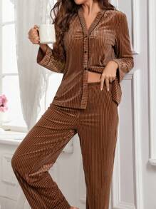 Velvet Front Buttons Long Sleeve Top & Pants Women Fluffy Pajama Set, Fall Winter Clothes, Cozy