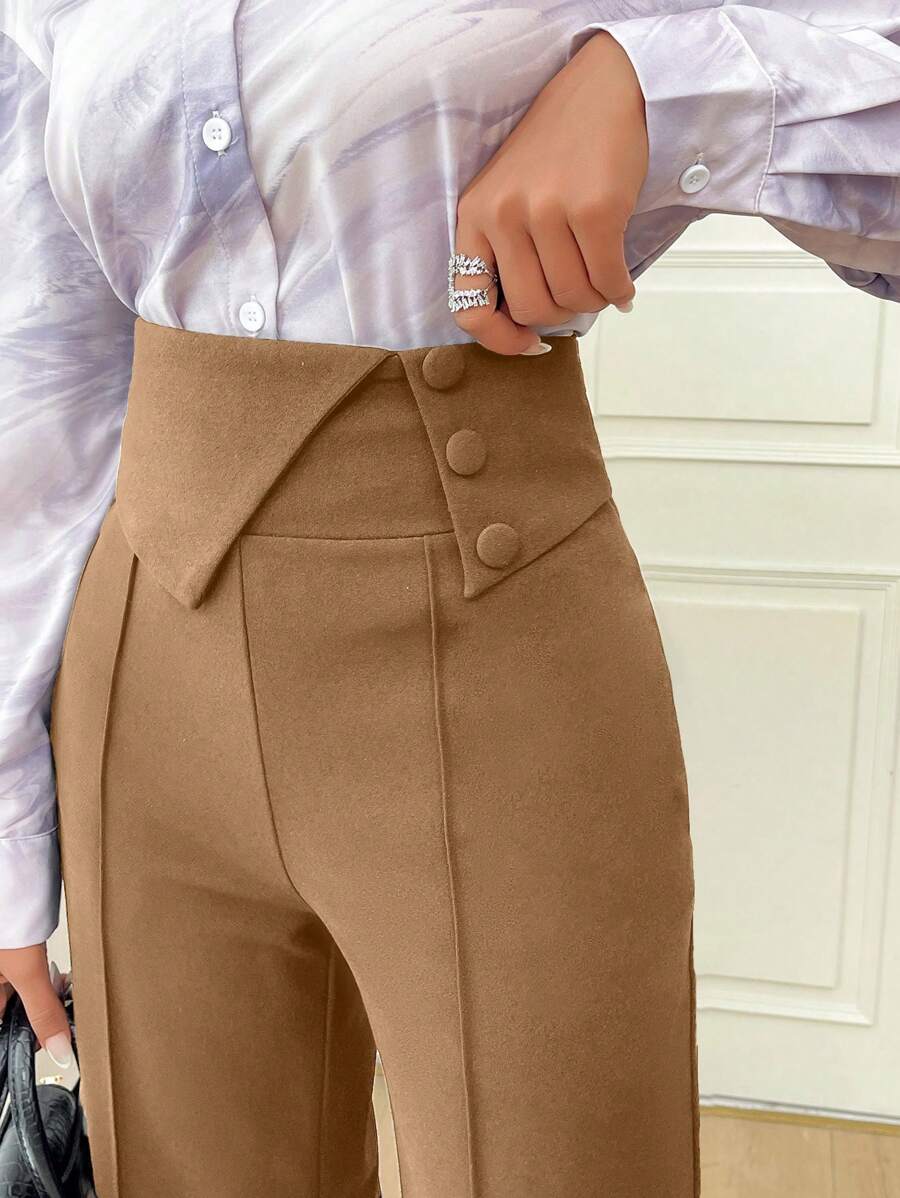Modelyn Women Elegant Loose Flare Leg High Waist Front Crease Detail Work Pants - Camel - View 1