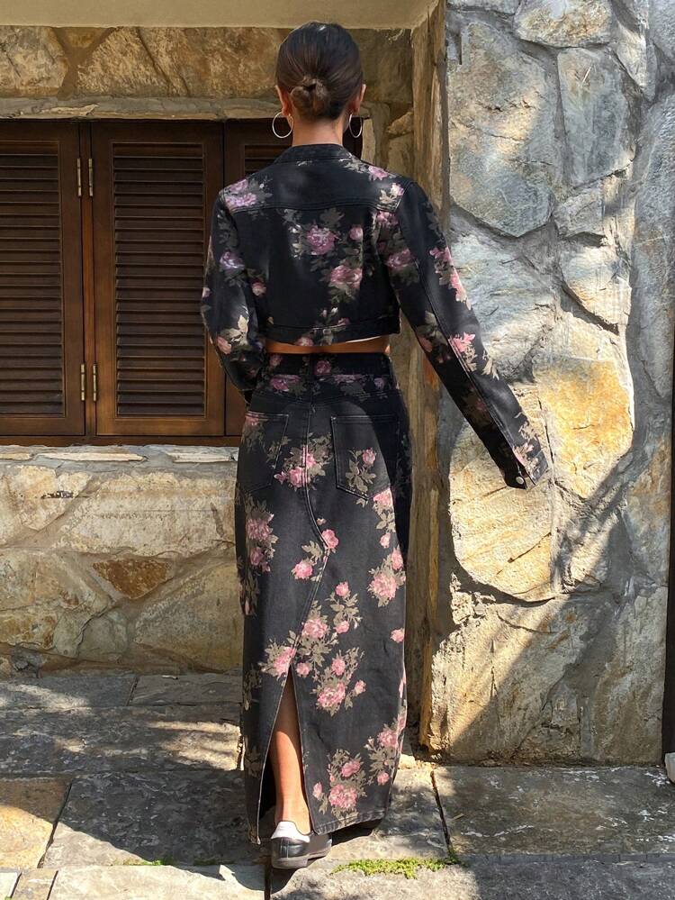 Full Flower Print Matching Short Zip Up Stand Collar Long Sleeve Jacket Straight A-Line Skirt Women Denim Set,Fall Clothes