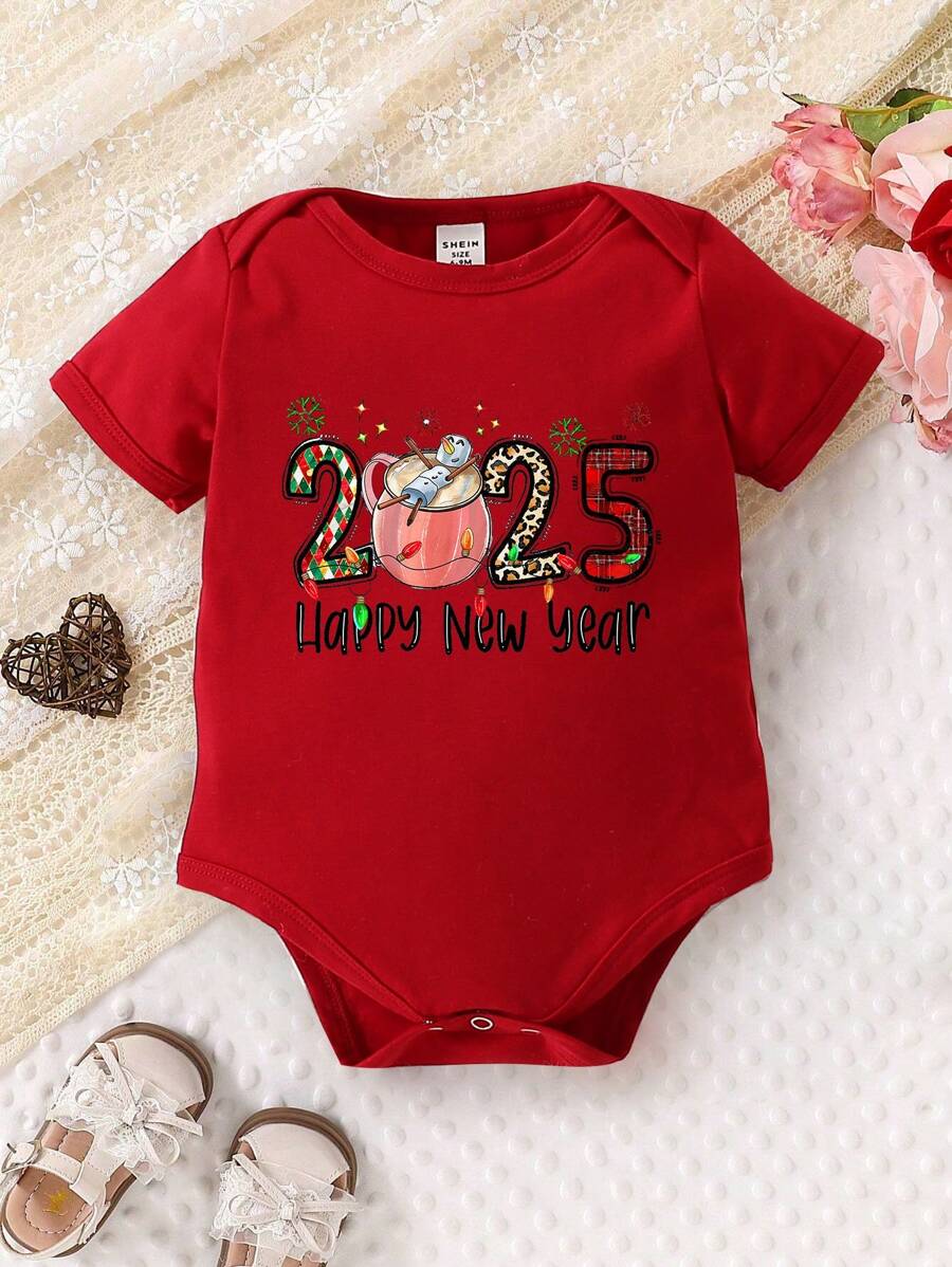 女婴休闲时尚雪人豹纹字母标语图案长袖连体衣，圣诞节 - 酒紅色 - 查看 1