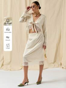 COSMINA Autumn/Winter 2pcs/Set Women Lace Trim Tie Front Long Sleeve Blouse And Skirt Outfit - Apricot - View 10