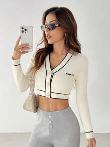 SHEIN PETITE White Cardigan Contrast Binding Button Front Cardigan - Apricot - View 5