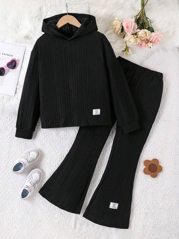 SHEIN 2 Stücke Set für Tween Mädchen, schlichter Langarm-Kapuzenpullover mit Aufnäher-Design und langer Hose
