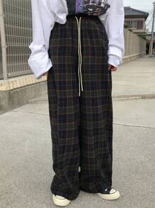 FRIFUL Women Plaid Drawstring Waist Wide Leg Pants, Casual, Autumn/Winter - Dark Green - View 4